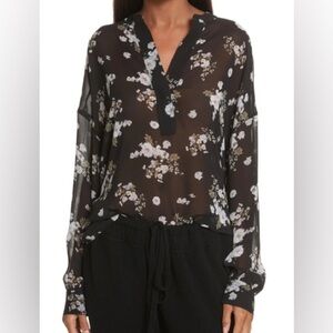 Vince Tossed Floral Shirred Sheer Silk Blouse